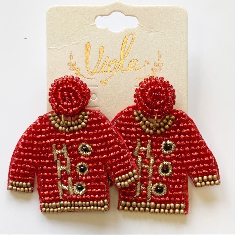 Red and Gold Boho Seed Beaded Ho Ho Ho Ugly Christmas Sweater Earrings